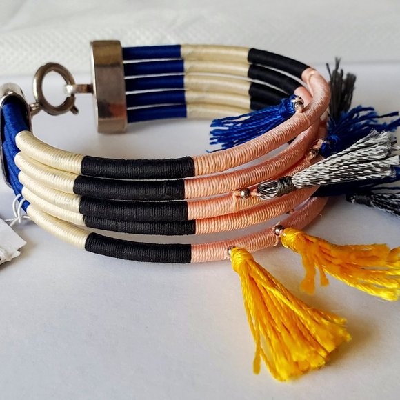 NWT Isabel Marant Women's Tassel Blue White Black Pink Silver Wrap Bracelet - Picture 4 of 11